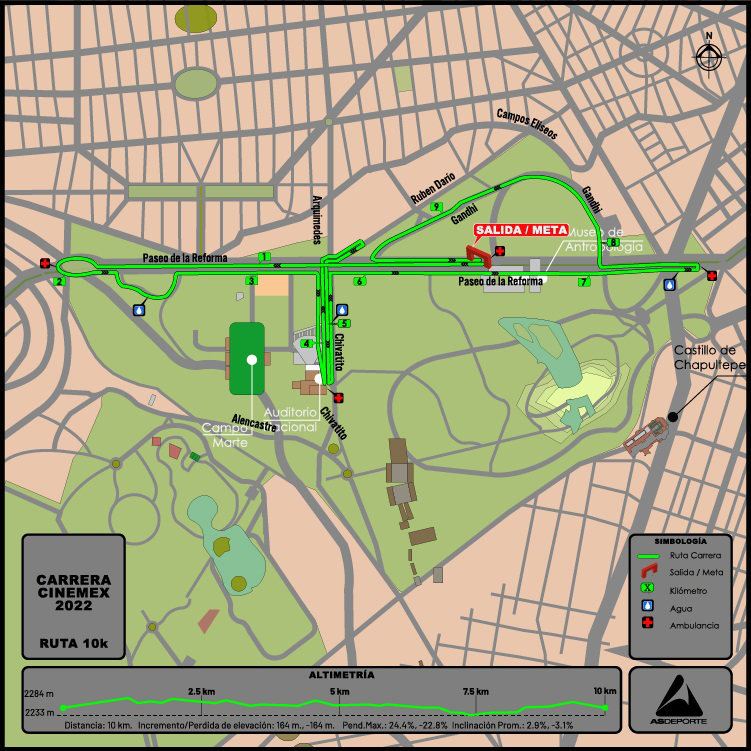 Mapa Carrera Atlética Cinemex 2022. 10 K